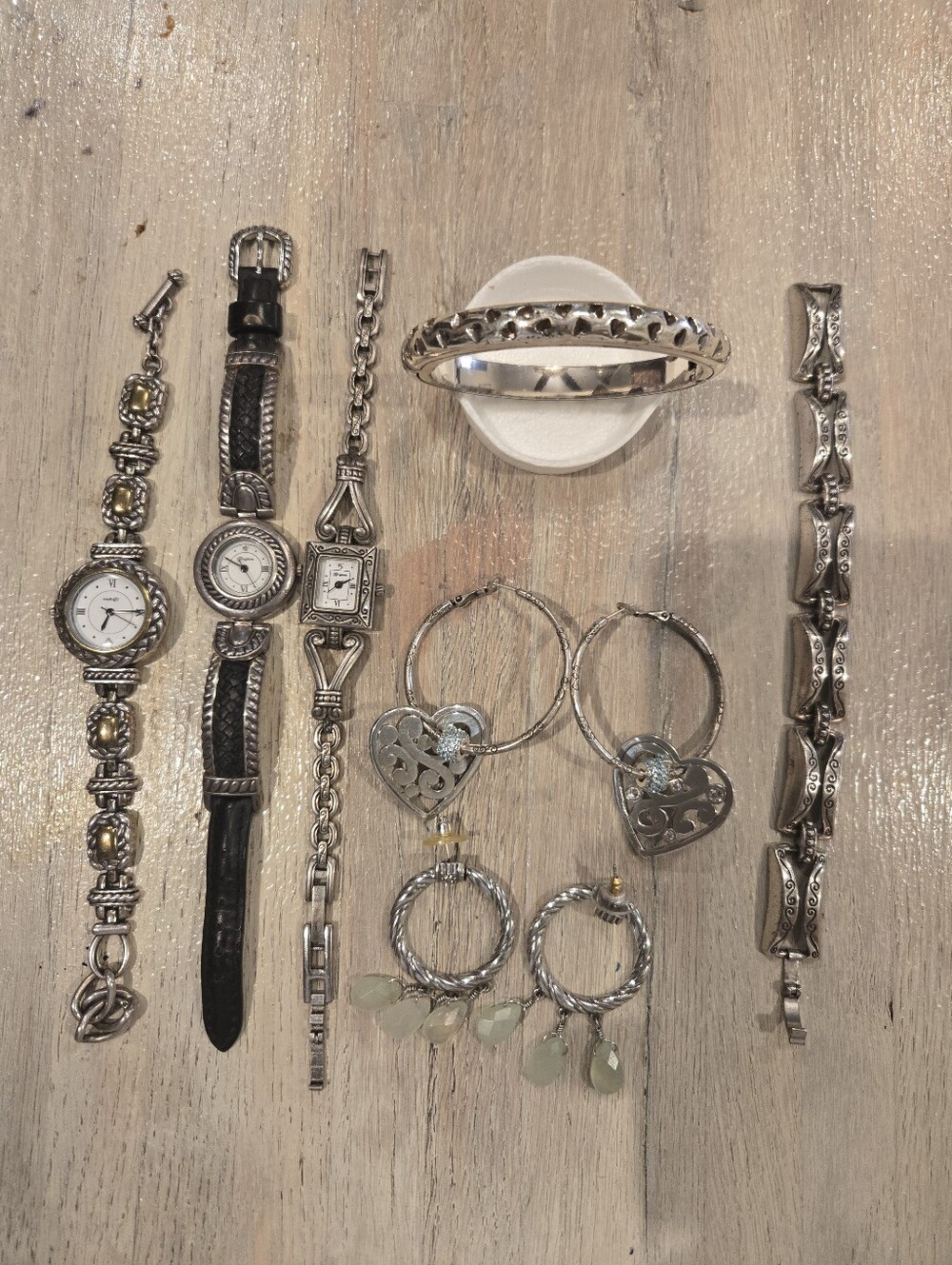 Vintage Brighton Silver Tone Lot - 3 Watches, 2 Bracelets, 2 Pairs Earrings